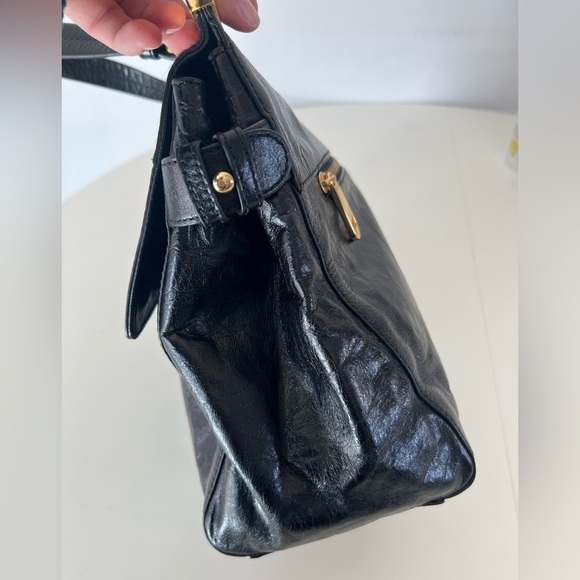 Badgley Mischka Black Patent Leather Calf Hair Gold Hardware Hand Bag - Picture 10 of 13